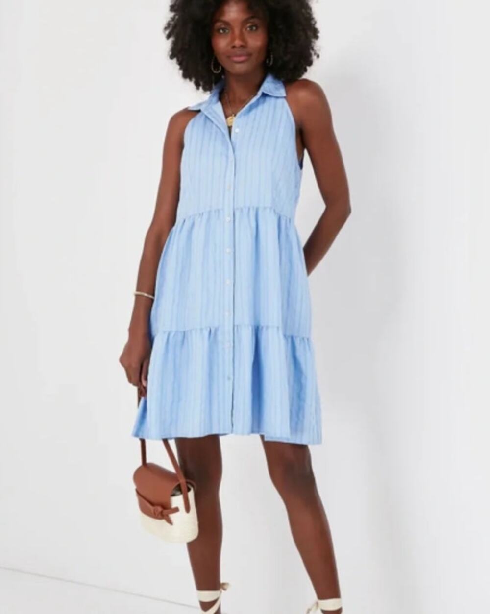 Pomander Place Blue Seersucker Sailor Button Shirt Dress L